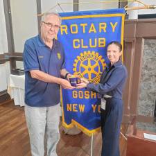 Orange donation recipient Lauren Shields at a recent Goshen Rotary event.