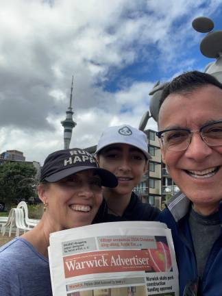 Galo Andrade, owner of GC Optics in Warwick, loves to read The Warwick Advertiser. He, his wife Jenny and daughter, Luisa recently traveled to Auckland, New Zealand for a family vacation. Galo never leaves home without his Warwick Advertiser! Pictured is the Andrade Family of Warwick in Auckland, New Zealand.