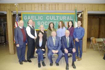 New board members at their swearing in:Standing left to right: Tom Mulcahy, standing in for Vincent Hallinan, Sgt. at Arms; John Trazino, one year trustee; Colleen Hallinan, corresponding secretary; Christine Purdy, recording secretary; Lexi O’Rourke, treasurer; Dawn VanDoran, two-year trustee; Martain Bractien, three-year trustee.