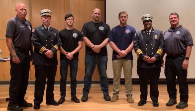 From left to right: Orange County Division of Fire Services Lead Instructor Terry Ward, Training Chief Jim McCann, Team Leader Award winners Robert Pappas Jr. of the Warwick Fire Department and Devin Dean of the New Hampton Fire Department, Incident Commander Award winner Connor Plocharczyk of the Florida Fire Department, Deputy Commissioner of Fire Services Vini Tankasali and Lead Instructor Tom Cosgrove at the County’s Firefighter 1 graduation on Thursday, July 25th at the]