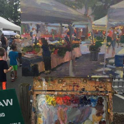 The Warwick Valley Farmers Market on June 18, as painted by Janet Howard-Fatta.