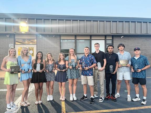 The following students won District Athletic Awards as Warwick’s top multi sport athletes for the 2023-2024 school year (L-R): Kelly Nevins, Erin Smith, Sierra Blanton, Katherine Finnerty, Melina Garby, Lily Beatti, Johnny Accardo, James Unger, Latrell Willis, William Siebert and Michael Accardo.