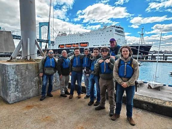 BSA Troop 38 during their SUNY Maritime trip. L-R: Paul Helmrich, Mr. Todd Purta, Daniel Svoboda, Joe Sanzone, Paulie Helmrich, Tyler Purta, Mr. Matt Svoboda, and Alexander Lucas.