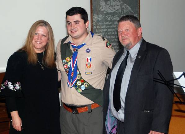 Photos by Ed Bailey Troop 477 Eagle Scout Shea Gormley with his parents Unateresa and Sam Gormley during his Honor Court ceremony May 18 at Grace Evangelical Lutheran Church in Greenwood Lake.