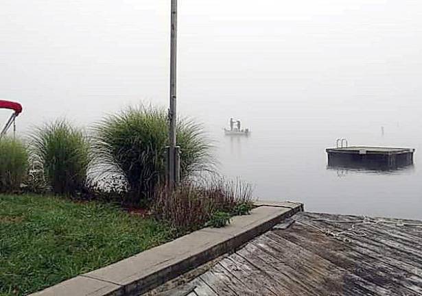 Sharon Scheer shared this photo of two fellows fishing one very early morning on Greenwood Lake. According to the web site Active Angling New Zealand, “Foggy days can hold opportunities for sight fishing. Fog reduces the light levels considerably, but it also produces a very uniform, diffuse type of soft illumination, which results in little or no glare off the water. Coupled with the calm conditions, it may permit you to see cruising fish in shallow water and this really cranks up the fishing.”