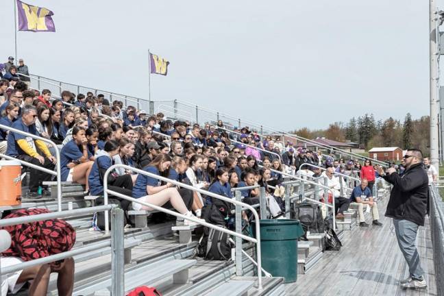 Speaker Jacob Nortosky shares his story with student-athletes from Warwick and North Rockland prior to the Warrior Challenge.