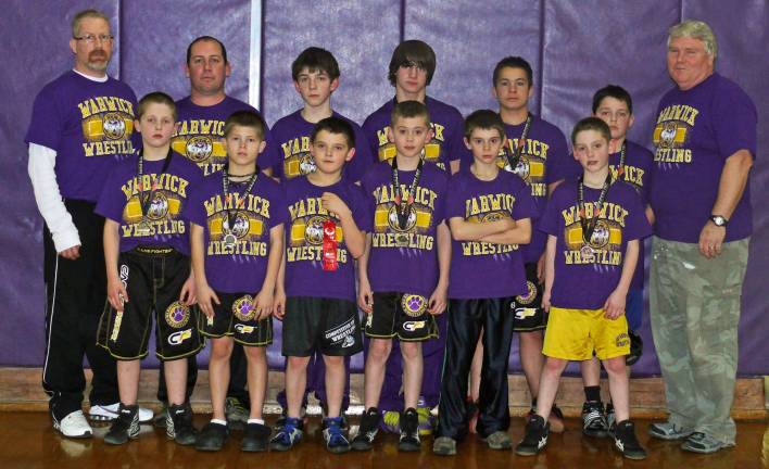 Photo S.J. Ferreira Warwick Valley Youth Wrestlers: Beginning in the back row, from left to right: Head Coach Tom Silvestri, Coach Keith MacDougall, Gordon Brown, Nicholas Ferreira, Thomas Kearns, Andrew Wierzbicki and Coach John Lindstrom; and front row, from left: Andrew Aeberli, Jordan Pinskey, Chris Posta, Jeremy Mazzella, Hunter Brown and Bryan MacDougall.
