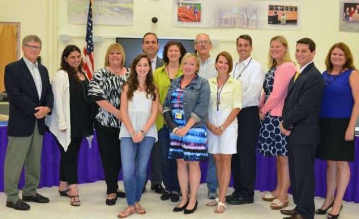 Photo by Abby Wolf Members of the Warwick Valley School Board, plus new building principals/assistant principals: Pictured from left to right are: BOE members Dave Eaton and Eilleen Gagliano; Sanfordville principal Johnna Maraia; student board member Molly Little; Schools Superintendent Dr. David Leach; BOE President Lynn Lillian, BOE members Erin Maxcy Bob Howe, Shannon Hockswender n Keith Parsons; BOE Vice President Sharon Davis; WVMS assistant principal Alex Levine; and WVHS associate principal Marguerite Fusco. Not pictured are BOE member Dory Masefield and WVMS assistant principal Meghan McGourty.