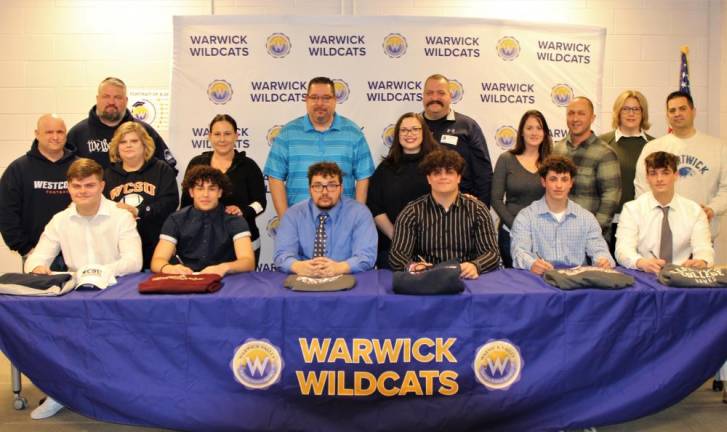 Warwick “Super Six” sign National Letters of Commitment to continue their education and play college football next fall. Pictured left to right: Jake Durie, Nick Simonetta, Dan Robledo, Nick DiMarco, Dan Thorson and Matt Amaturo. Photo provided.