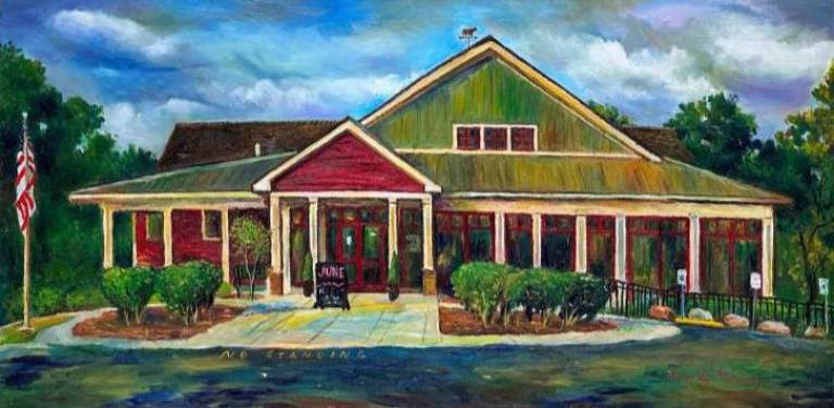 An oil painting of the Albert Wisner Public Library by Dr. Ping Xu Moroney.