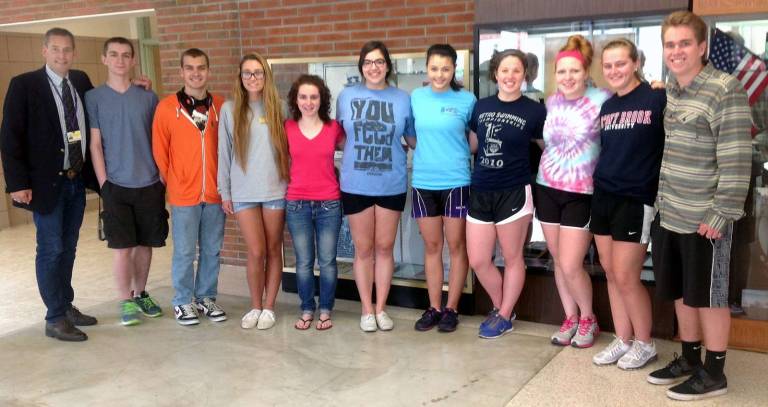 Eleven High School Seniors have neem awarded WTC Warwick Citizens Memorial Scholarships. Pictured from left to right are: Warwick Valley High School Principal Richard Linkens, Marc Mifsud, Sean Rice, Cassidy Korson, Avery Centorrino, Gianna Rotondo, Allyson Yates, Ava Lillian, Bridget Scheinert, Caroline Seeberg and Connor Davis. Clare Finnegan was not available for the photo.