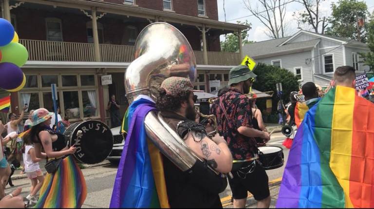 The Funkrust Brass Band performing during the 2023 Pride Parade.