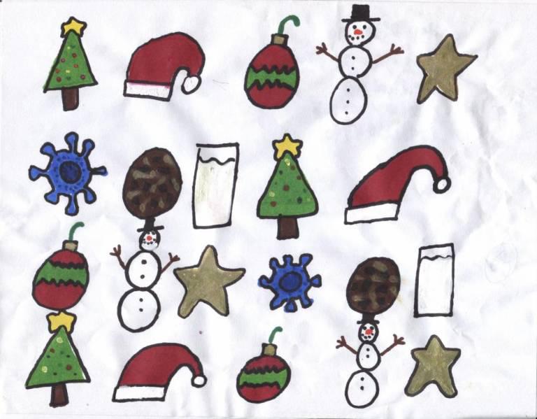 $!An entry from a former Wrapping Paper Contest featuring ornaments, snowmen, stars, Christmas trees, and Santa hats and milk.