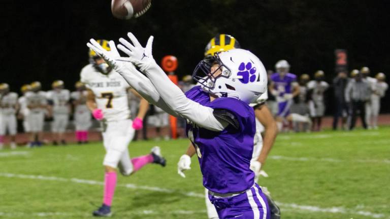 Warwick receiver Dylan Sullivan hauls in a touchdown against Pine Bush. Sullivan finished the day with 10 catches for 176 yards and two touchdowns.