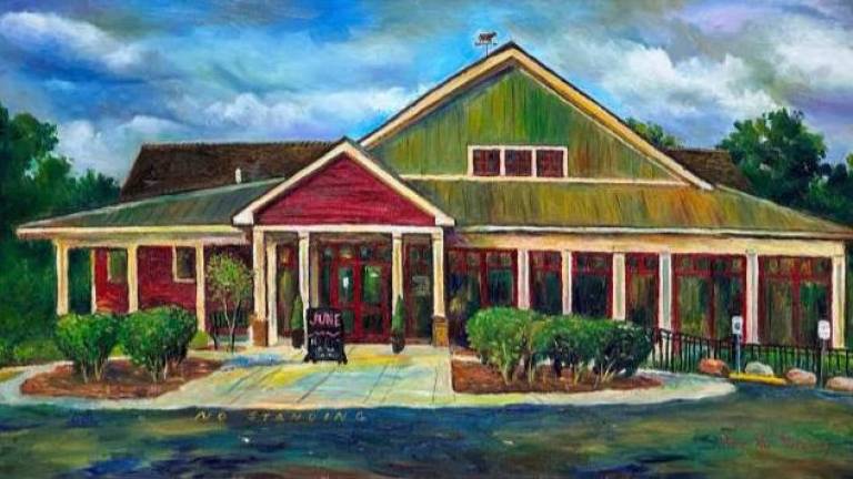 An oil painting of the Albert Wisner Public Library by Dr. Ping Xu Moroney.